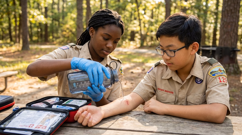 A Scout wearing nitrile gloves carefully cleaning a small cut on another Scout's forearm under running water from a campsite water bottle