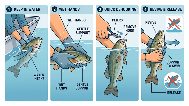 Four-panel sequence showing safe catch-and-release handling from landing to release