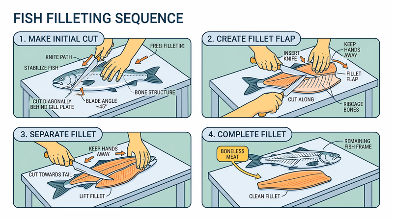 Four-panel fillet sequence showing safe knife angle and cut progression for cleaning a fish