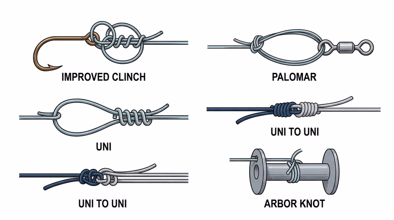 Reference board showing the finished shapes of the improved clinch, Palomar, uni, uni to uni, and arbor knots
