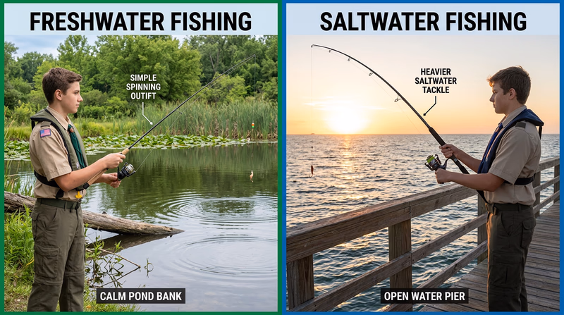 Side-by-side comparison of freshwater shore fishing and saltwater pier fishing with clearly different settings and tackle