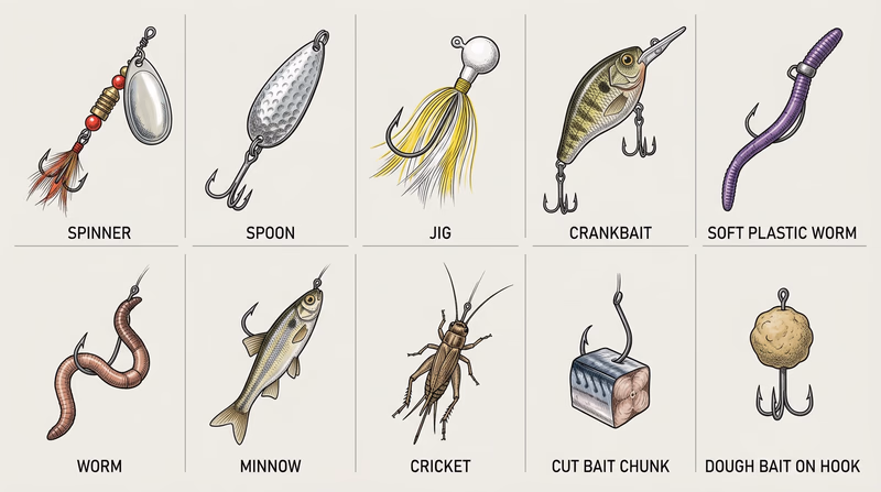 Identification grid showing five artificial lures and five natural baits side by side