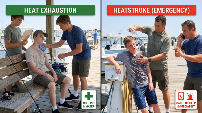 Side-by-side comparison of heat exhaustion versus heatstroke in anglers on a sunny dock