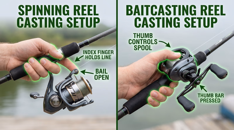 Side-by-side comparison of proper spinning and baitcasting casting hand positions and reel controls