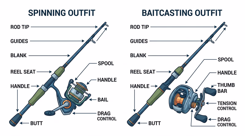 Side-by-side labeled diagram of spinning and baitcasting outfits with rod and reel parts identified