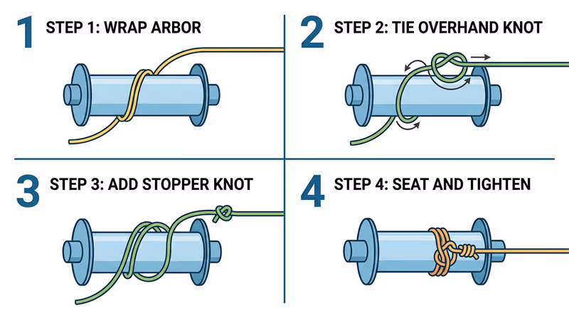 Four-panel step-by-step diagram showing backing wrapped around a reel arbor, overhand knot around the standing line, stopper knot in the tag end, and the finished arbor knot seated on the spool