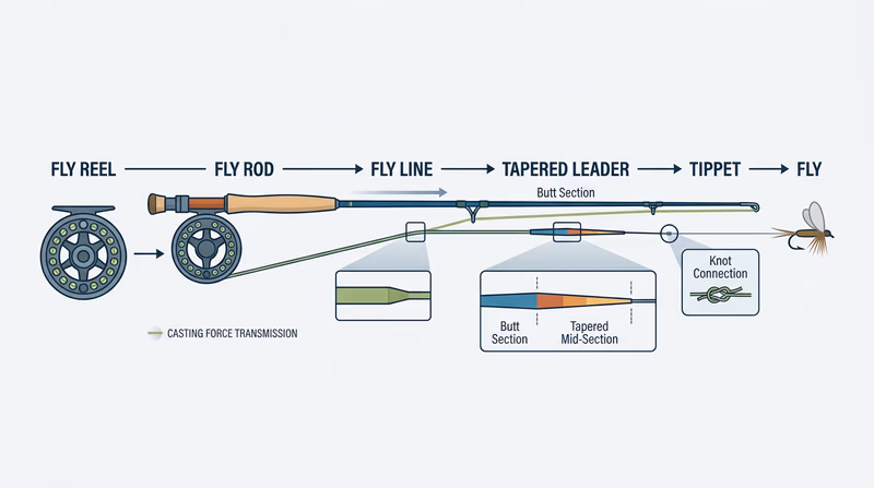 Labeled diagram of a complete fly-fishing setup from reel to fly, showing rod, reel, fly line, tapered leader, tippet, and fly with each section scaled and connected in order
