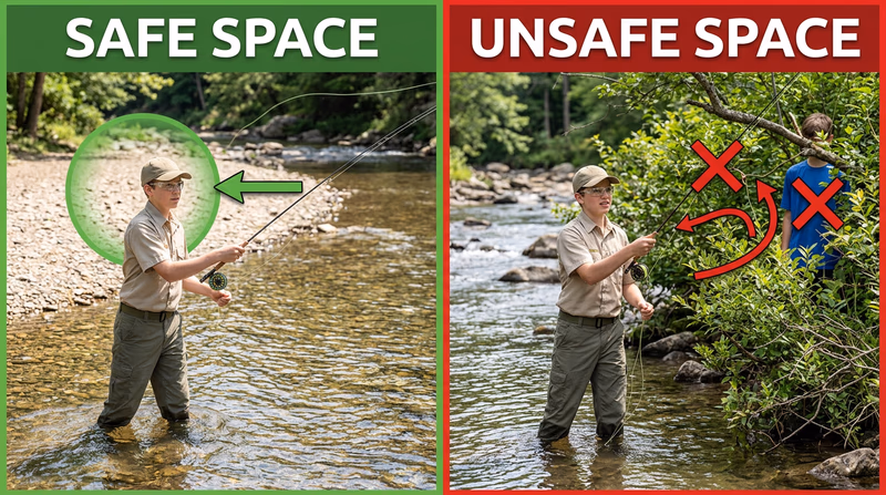 Side-by-side comparison showing a fly angler with safe clear casting space and eye protection versus an unsafe crowded casting lane with a person in the back-cast zone