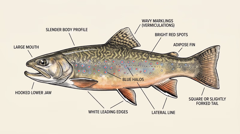 Illustrated guide to a common freshwater game fish with major identification features labeled, including mouth shape, dorsal fin, tail shape, lateral markings, and overall body profile