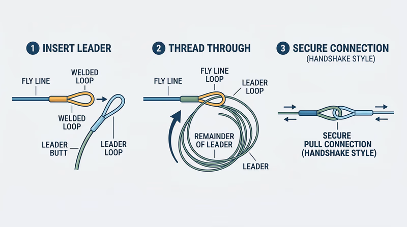 Diagram showing two welded loops being connected handshake-style, with the leader loop passing through the fly-line loop and the leader threaded through itself to form a loop-to-loop connection