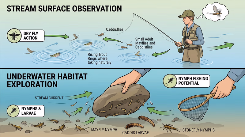 Comparison image showing a streamside observation setup above and below the water surface: rising trout and drifting adult insects on top, with overturned rock revealing nymphs and subsurface prey below