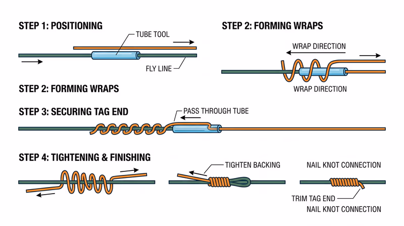 Step-by-step diagram of a nail knot tying backing to a fly line with a small tube, showing wrap direction, tag path through the tube channel, and the final slim finished connection