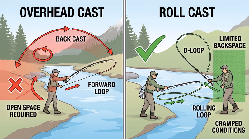 Side-by-side comparison of an overhead cast and a roll cast, showing line path, back-cast space needed, and the D-loop shape behind the rod in the roll cast