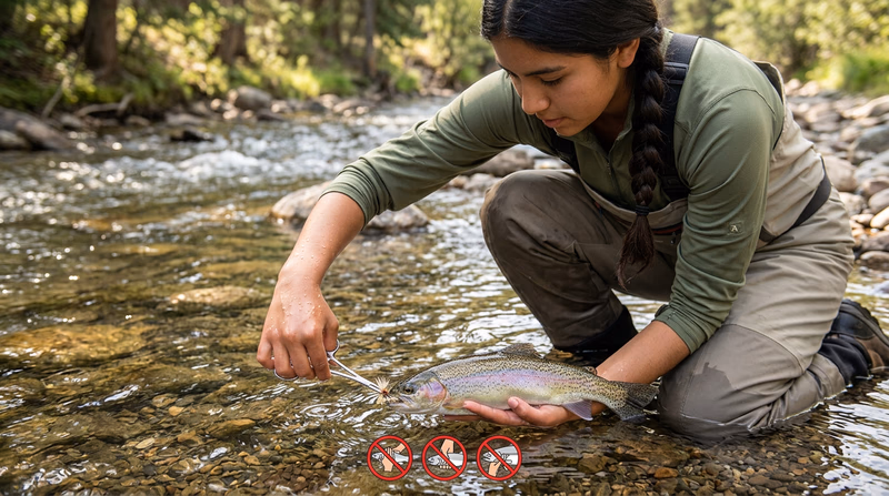 Annotated photo of hands gently supporting a fish upright in shallow water with wet hands, forceps removing the fly, and crossed-out wrong actions like squeezing, dry hands, and fingers in the gills