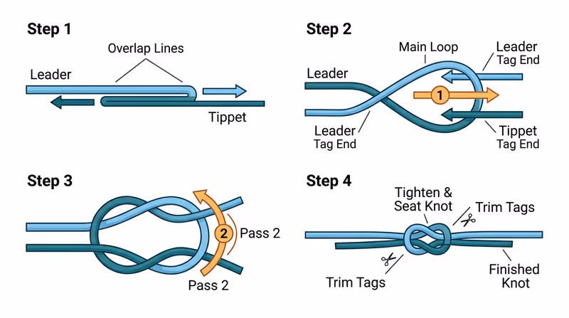 Step-by-step diagram showing leader and tippet overlapped, both tag ends passed twice through a shared loop, and the finished surgeon's knot seated with trimmed tags