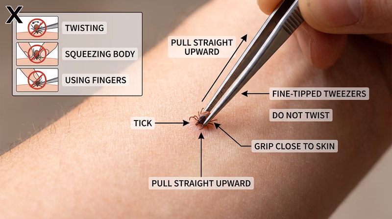 Close-up annotated photo showing fine-tipped tweezers gripping a tick close to the skin and pulling straight upward, with crossed-out twisting and squeezing mistakes