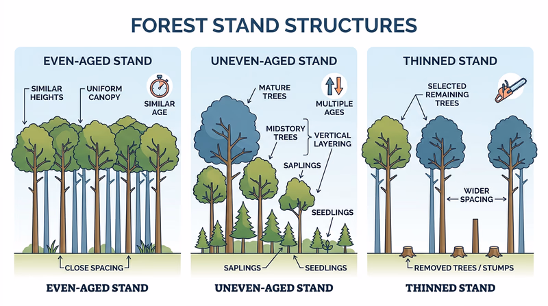 Side-by-side diagram of even-aged, uneven-aged, and thinned forest stands