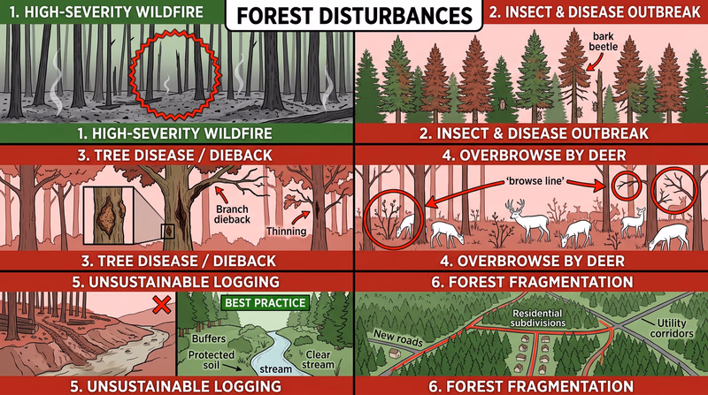 Six-panel comparison of major forest threats including wildfire, insects, disease, browse, erosion, and fragmentation