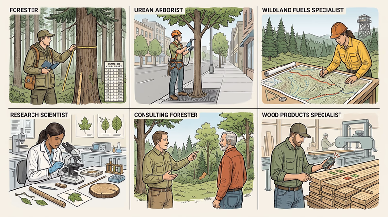 Illustrated overview of six forestry career paths in field, urban, fire, research, consulting, and wood-products settings