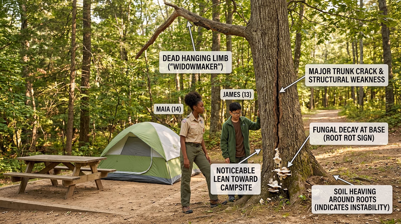 Annotated hazard tree near a campsite showing dead limb, trunk crack, root issues, and decay