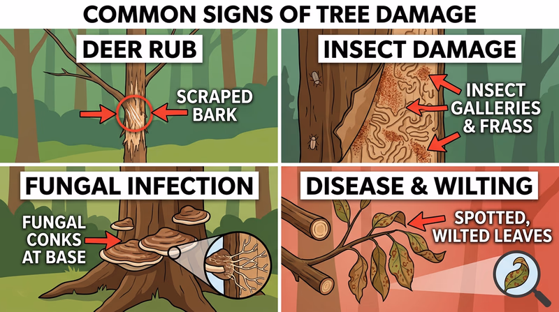 Four-panel comparison of deer rub, insect galleries, fungal conks, and diseased leaves