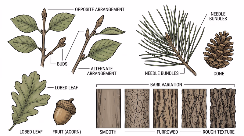 Side-by-side comparison of common tree identification clues including leaves, buds, cones, and bark textures