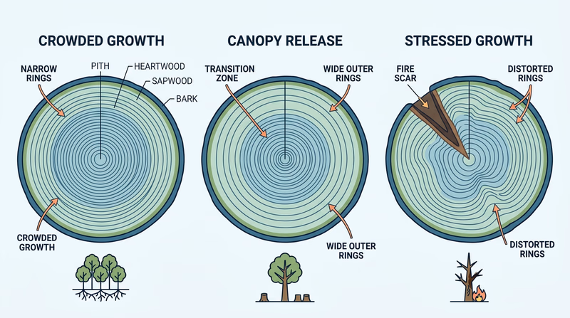 Three wood cross-sections comparing narrow rings, release growth, and scarred stressed growth