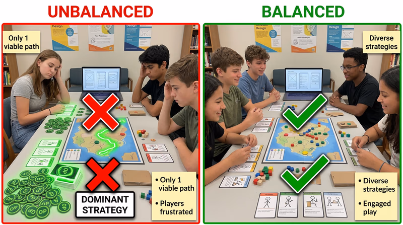 Comparison showing an unbalanced game with one dominant strategy next to a healthier balanced game with engaged players and multiple viable choices.