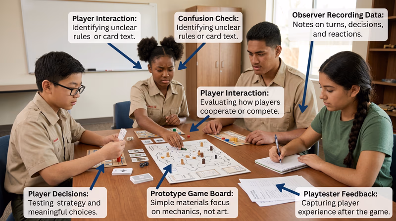 Annotated playtest scene showing players in a baseline game session while an observer records notes about pace, choices, fairness, and reactions.