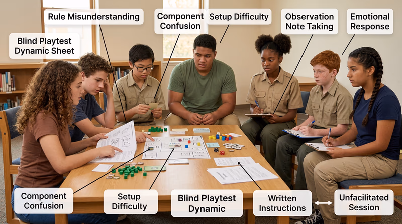 Blind playtest scene showing new players using a prototype and written instructions while the designer watches silently and takes notes.