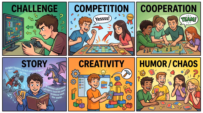 Six-panel grid showing different player motivations such as challenge, competition, cooperation, story, creativity, and humor.