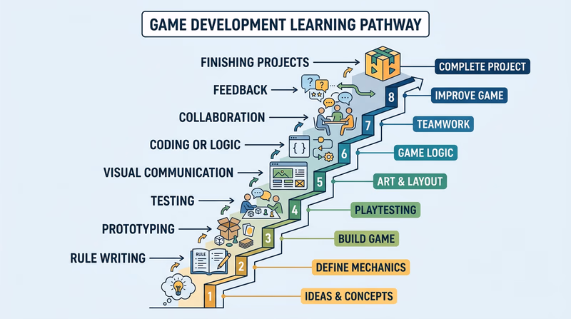 Skills-ladder diagram showing growth in brainstorming, rules writing, prototyping, testing, visual communication, coding or logic, collaboration, feedback, and finishing projects.