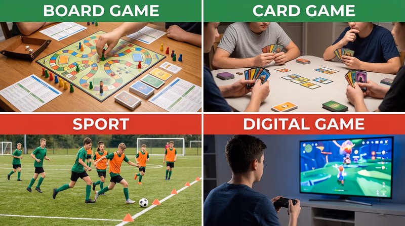 Four side-by-side game scenes comparing a board game, card game, sport, and digital game to show how medium changes setup and player interaction.