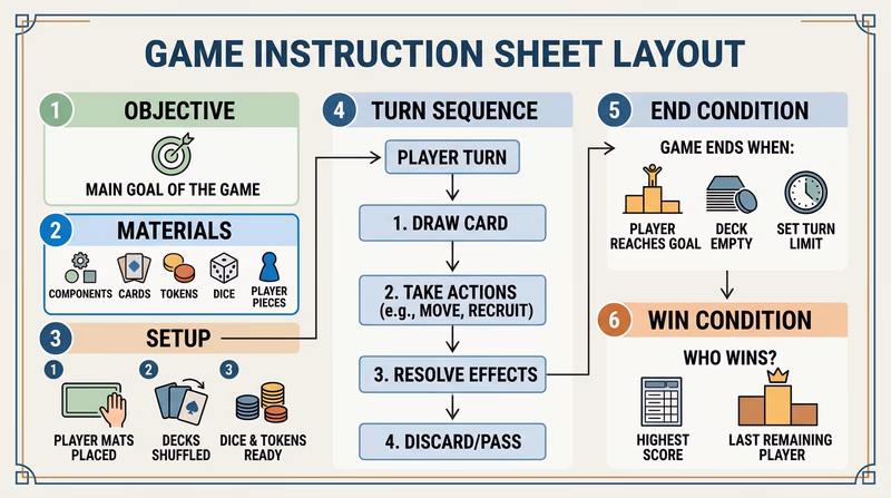 Example instruction sheet layout with sections for objective, materials, setup, turn sequence, end condition, and win condition.