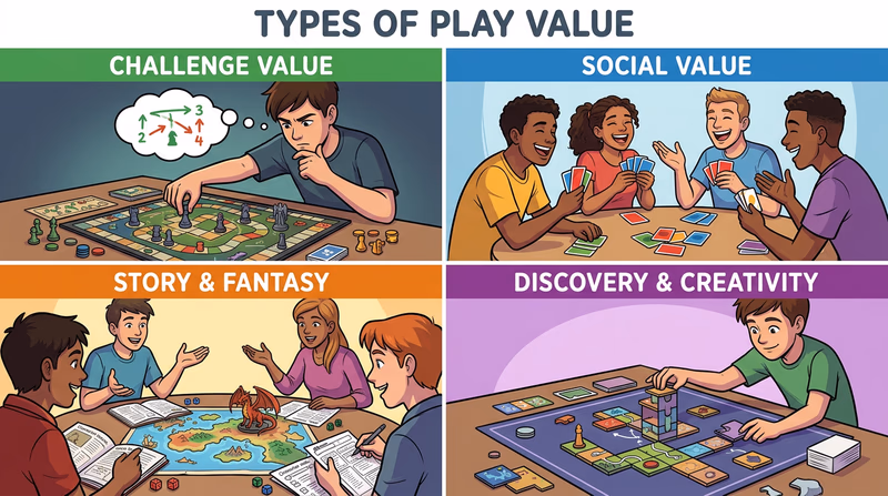 Four-panel comparison showing challenge, social, story, and creativity play value through distinct game scenes and player reactions.