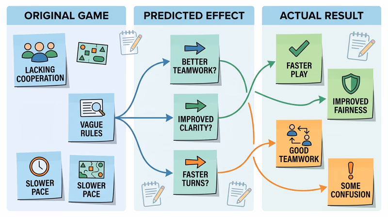 Analysis board comparing the original game, predicted effects, and actual results to help explain how accurate rule-change predictions were.
