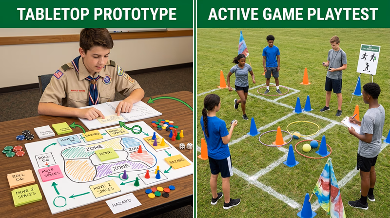 Two-part comparison showing rough prototype materials on one side and a safely marked active play area on the other.