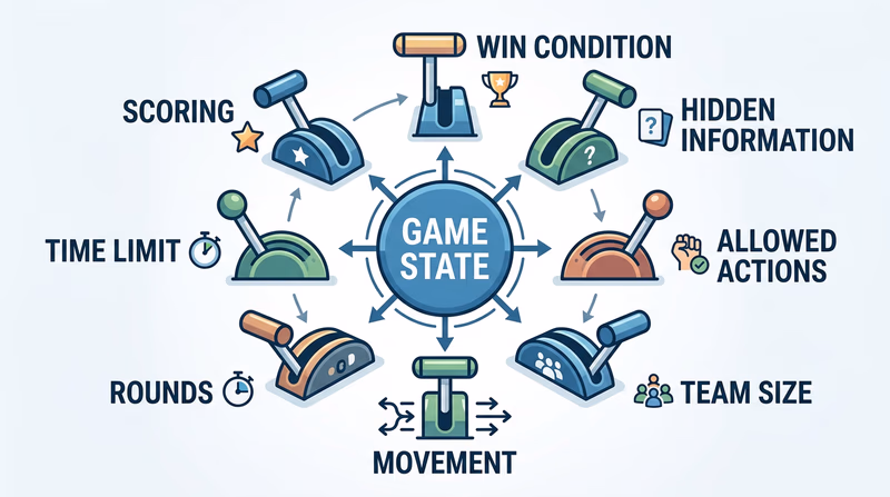Diagram showing rule-change levers such as scoring, time, rounds, movement, and win condition all affecting a central game system.
