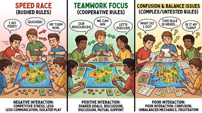 Three-column comparison of the same game under different rule changes, showing different player behavior such as teamwork, rushed play, and confusion.