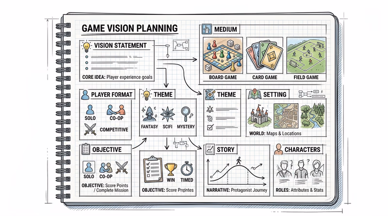 Illustrated game design notebook planner showing sections for vision statement, medium, player format, objective, theme, setting, story, and characters.