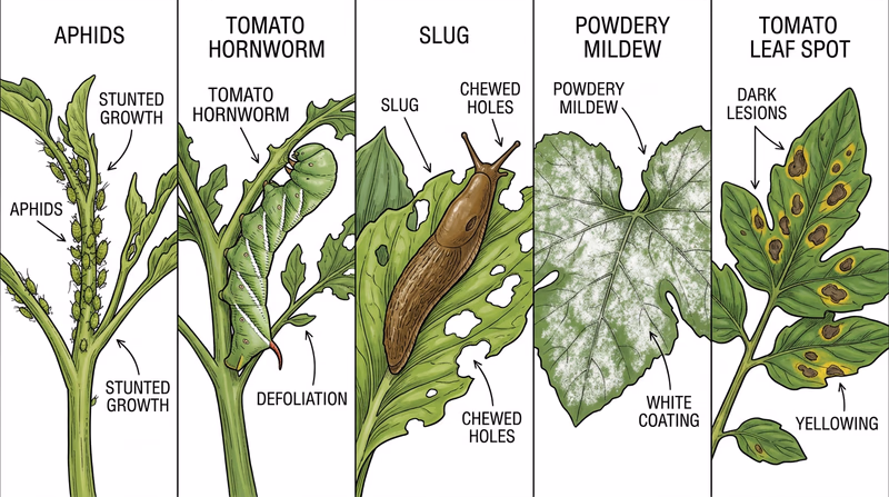 Identification grid showing aphids, tomato hornworm, slug, powdery mildew, and tomato leaf spot side by side with one clear visual symptom for each