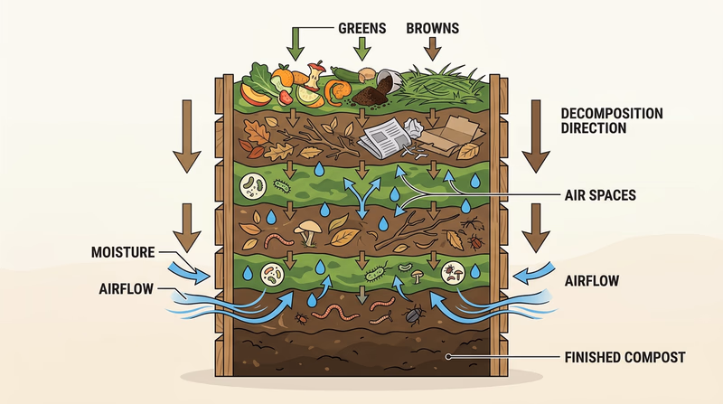 Cross-section of a backyard compost bin showing alternating layers of browns and greens, airflow spaces, moisture, and finished compost forming at the bottom