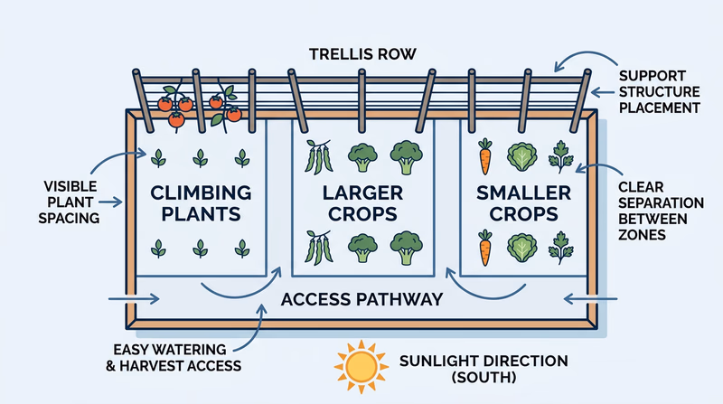 Top-down garden bed plan showing three crop types with mature spacing, support trellis placement, walking access, and sun direction