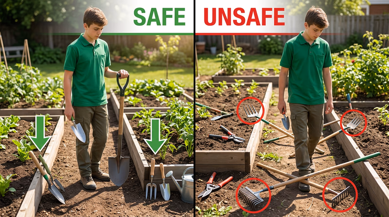 Side-by-side comparison of safe and unsafe garden tool handling, showing a person carrying pointed tools downward and storing them neatly in one area versus tools scattered with blades up on the ground