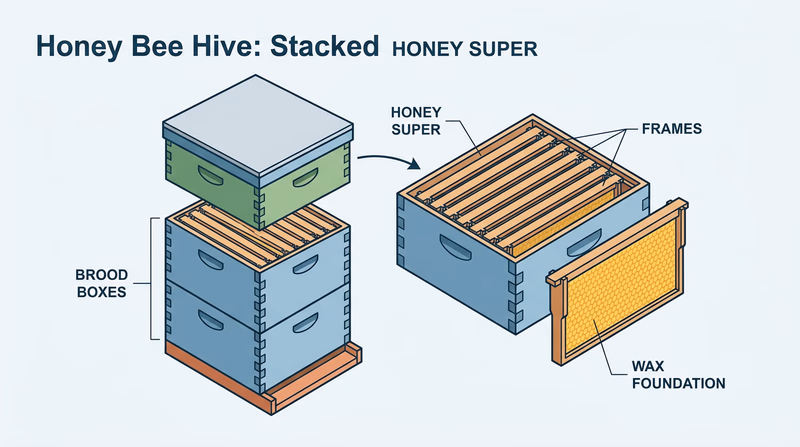 Exploded view of a honey super showing the outer box, parallel frames, wax foundation sheets, and the way the super sits above the brood boxes in a stacked hive