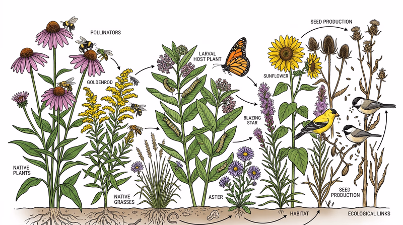 Educational scene showing native flowers connected to bees, caterpillars, songbirds, and seeds in one habitat web, making the wildlife relationships visible at a glance