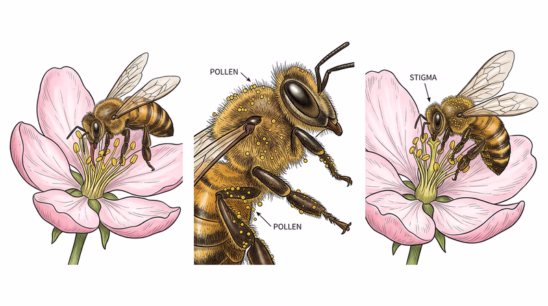 Close-up three-panel sequence of a honeybee visiting one blossom, pollen sticking to its fuzzy body, and pollen being deposited on the next flower's stigma
