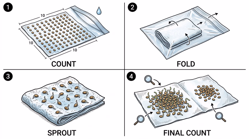 Four-step visual sequence showing 100 seeds arranged on a damp paper towel, folded into a labeled bag, early root tips emerging, and a final count of germinated versus ungerminated seeds