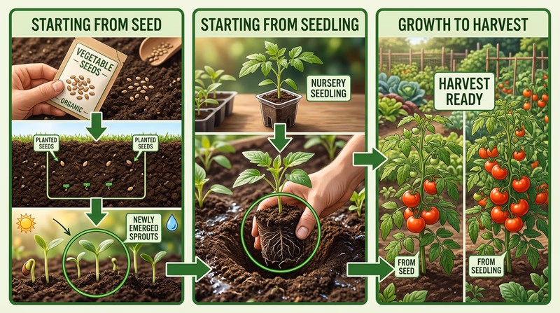 Three-panel comparison showing vegetable growth stages from seed packet to sprout, from nursery seedling to transplanted plant, and both paths reaching harvest size