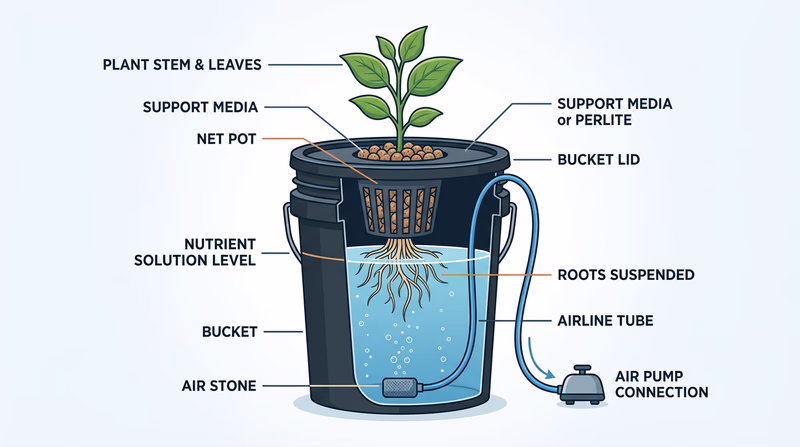 Cutaway diagram of a simple bucket hydroponic system with plant basket, support media, roots, nutrient solution, air stone, airline tube, and bucket lid labeled